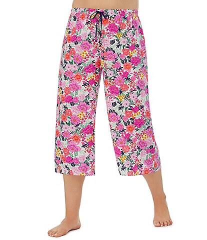 Kensie Plus Size Floral Print Cropped Elastic Waistband Coordinating Sleep Pants