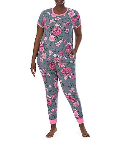 Kensie Plus Size Floral Print Short Sleeve Round Neck Knit Tee and Jogger Pajama Set