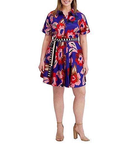Kensie Plus Size Floral Print Textured Stretch Taffeta Shirt Dress
