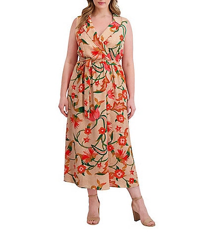 Kensie Plus Size Floral Print Belted Textured Woven Dress