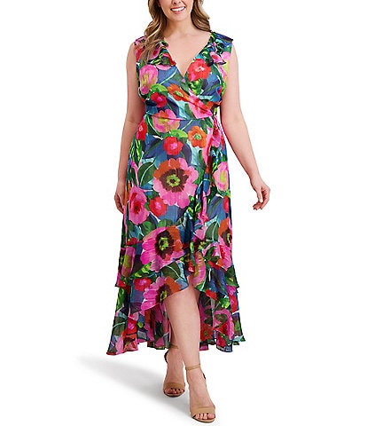Kensie Plus Size Floral Printed High-Low Hem Chiffon Dress