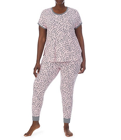 Kensie Plus Size Heart Print Short Sleeve Round Neck Knit Tee and Jogger Pajama Set