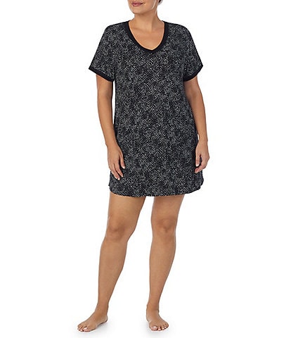 Kensie Plus Size Jersey Knit Dotted Short Sleeve V-Neck Nightshirt