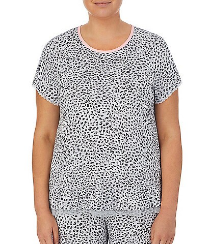 Kensie Plus Size Leopard Print Round Neck Lace Short Sleeve Coordinating Sleep Top