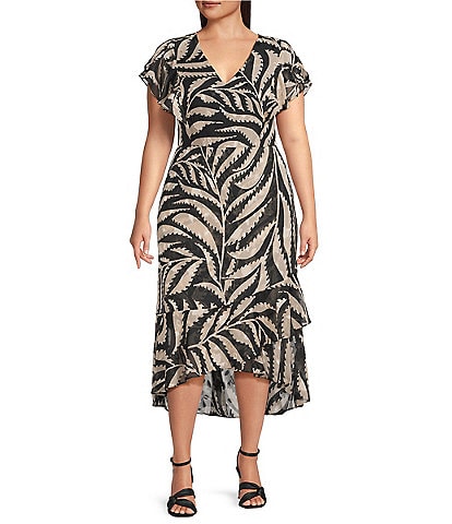 Kensie Plus Size Printed Ruffled V-Neck Short Sleeve Wrap Midi Dress