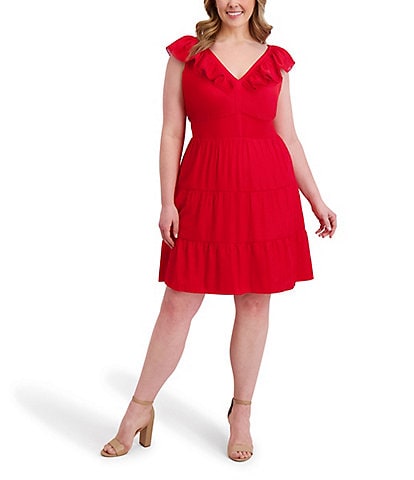 Kensie Plus Size Ruffle Neck Short Sleeve Dress