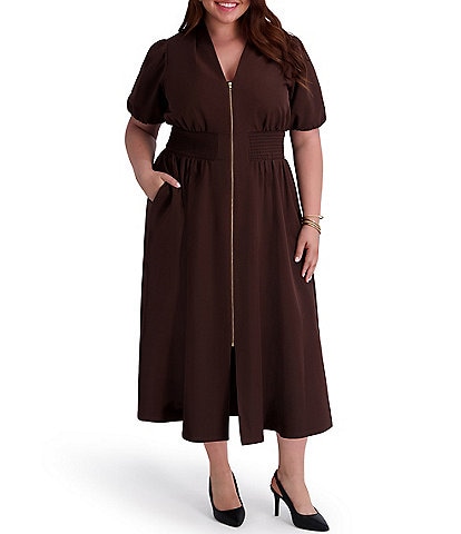 Kensie Plus Size Short Sleeve V-Neck Drapey Scuba Midi Dress