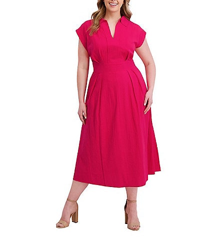Kensie Plus Size Striped Woven Collared V-Neckline Short Sleeve A-Line Midi Dress