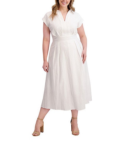 Kensie Plus Size Striped Woven Collared V-Neckline Short Sleeve A-Line Midi Dress