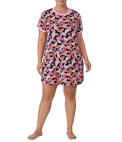 Kensie Plus Size Watermelon Print Short Sleeve Cozy Knit Nightgown