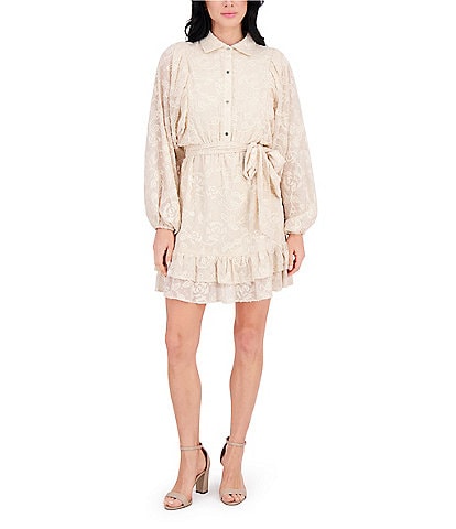 Kensie Point Collar Long Bishop Sleeves Ruffle Hem Embroidered Woven Shirt Dress