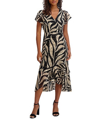 Kensie Printed Burnout Chiffon V-Neck Short Flutter Sleeves Ruffle A-Line Midi Dress