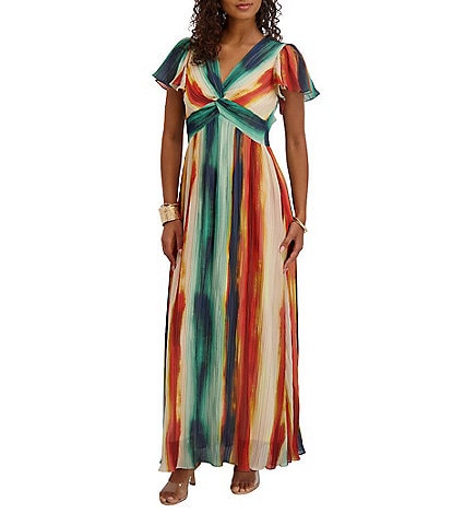 Kensie Printed Chiffon V-Neck Short Flutter Sleeves Pleated Sheath Dress