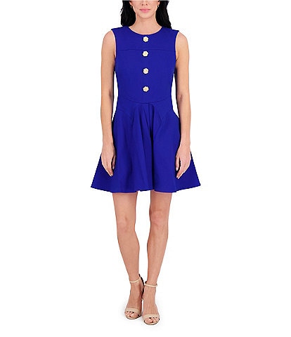 Kensie Round Neck Sleeveless Floral Hardware Stretch Denim A-Line Mini Dress