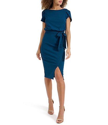 Kensie Scuba Crepe Boat Neck Short Sleeve Tie Waist Wrap Blouson Midi Dress