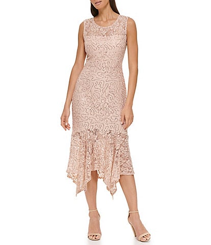 Kensie Sequin Lace Sleeveless Illusion Jewel Neck Handkerchief Hem Midi Dress