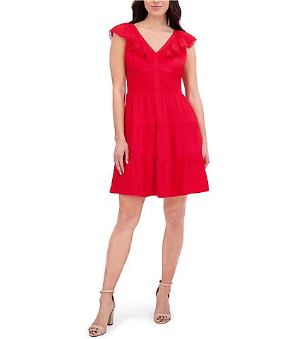 Kensie Short Flutter Sleeve V-Neck Tiered Fit and Flare Dress