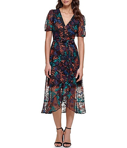 Kensie Short Puffed Sleeve Faux Wrap Embroidered Midi Dress