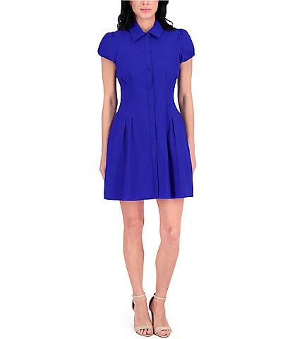 Kensie Short Puffed Sleeve Fit and Flare Shirt Dress