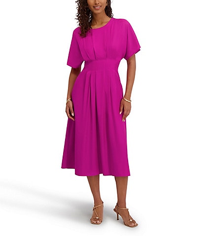 Kensie Short Sleeve Smocked Waist A-Line Midi Dress