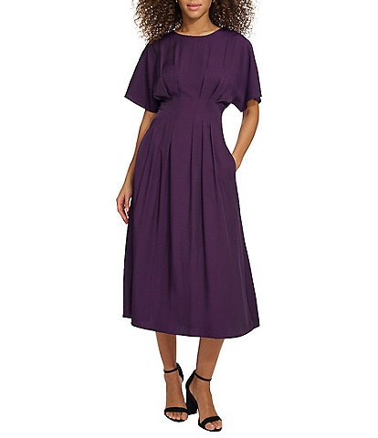 Kensie Short Sleeve Smocked Waist A-Line Midi Dress