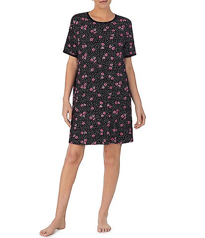 Kensie Short Sleeve Round Neck Knit Floral Dotted Sleepshirt
