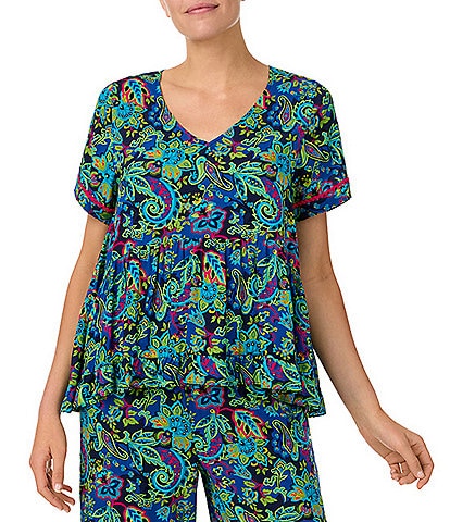 Kensie Short Sleeve V-Neck Woven Paisley Print Coordinating Sleep Top