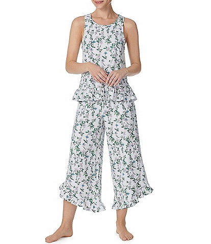 Kensie Sleeveless Ruffled Tank & Cropped Pant Floral Knit Pajama Set