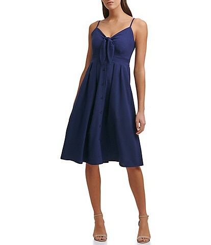 Kensie Sleeveless Tie Front Sweetheart Neck Button Detail Pocketed Dress