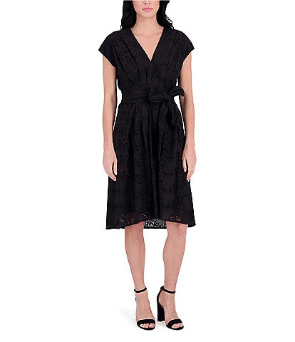 Kensie Solid Embroidered Lace V-Neck Cap Sleeve Belted A-Line Dress