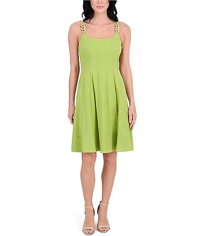 Kensie Square Neck Hardware Straps Seamed Stretch Woven Shift Dress