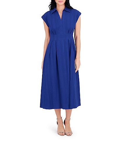 Kensie Stripe Cotton Point Collar V-Neck Cap Dolman Sleeve Smocked Pleated Midi A-Line Dress