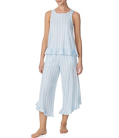 Kensie Striped Sleeveless Ruffled Tank & Cropped Pant Knit Pajama Set