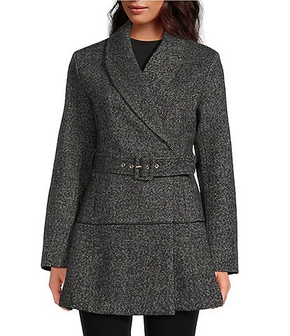 Kensie Texture Wool Notch Collar Belted Skirted Hem Trench Coat