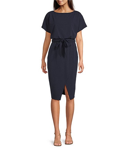 Kensie Textured Knit Boat Neck Self-Tie Waist Faux Wrap Blouson Dress