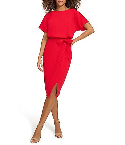 Kensie Textured Knit Boat Neck Self-Tie Waist Faux Wrap Blouson Dress