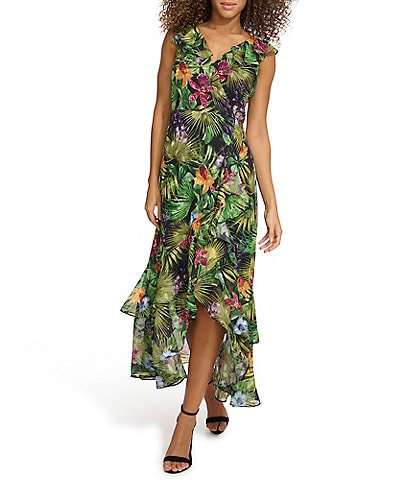 Kensie Tropical Floral Print V-Neck Flutter Sleeve High Low Midi Dress