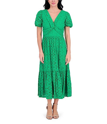 Kensie V-neck Short Sleeve Twist Front Flounce Hem Cotton Eyelet A-Line Midi Dress