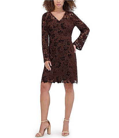 Kensie Velvet Lace V-Neck Long Bell Sleeve Mini Dress