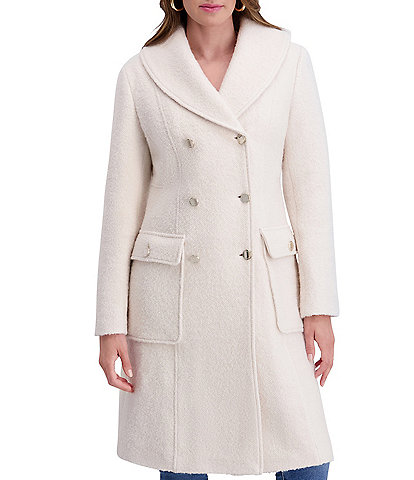 Kensie Wool Blend Shawl Collar Patch Pocket Boucle Double Breasted Coat