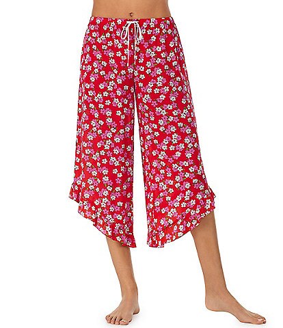 Kensie Woven Floral Print Ruffled Hem Coordinating Cropped Sleep Pants