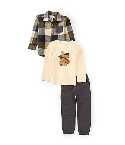 Kids Headquarters Little Boys 2T-3 Long Sleeve Plaid Polar Fleece Top & T-Shirt, & Jogger Pants 3-Piece Set