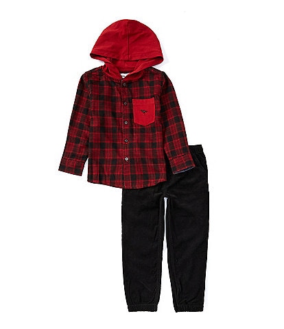 Kids Headquarters Little Boys 2T-7 Long Sleeve Plaid Woven/Knit Hooded Shirt & Corduroy Jogger Pant Set