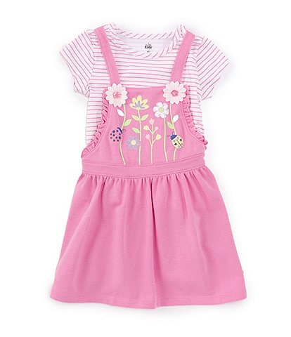 Kids Headquarters Little Girls 2T-4T Sleeveless Solid Daisy-Applique Jumper Dress & Short Sleeve Striped T-Shirt Set