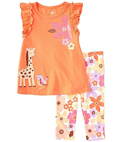 Kids Headquarters Little Girls 2T-6X Flutter-Sleeve Animal/Floral Tunic & Floral-Printed Leggings Set