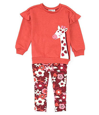 Kids Headquarters Little Girls 2T-6X Giraffe Head Applique French Terry Sweatshirt & Flower-Printed Knit Leggings Set