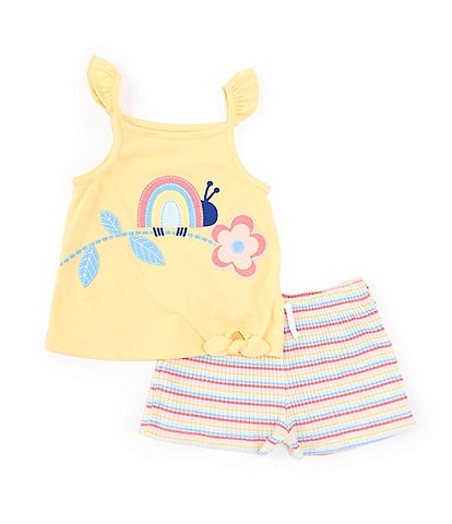Kids Headquarters Little Girls 2T-6X Glitter-Accented Ladybug Puff Print Jersey Tank Top & Striped Knit Shorts Set