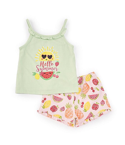 Kids Headquarters Little Girls 2T-6X Sleeveless Hello Sunshine Knit Tank Top & Printed French Terry Shorts Set