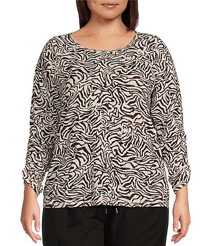 Kinesis Maroon Animal Print Plus Size Knit 3/4 Shirred Sleeve Crew Neck Top