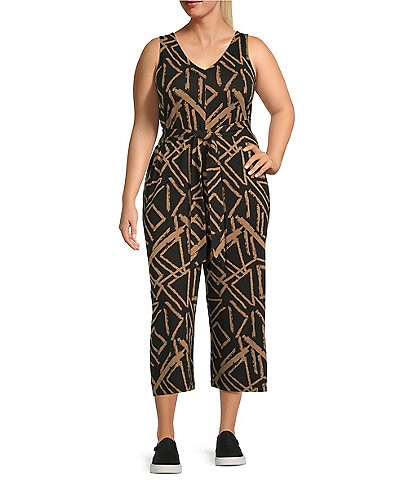 Kinesis Plus Size Belted Abstract Print Wide Leg Romper